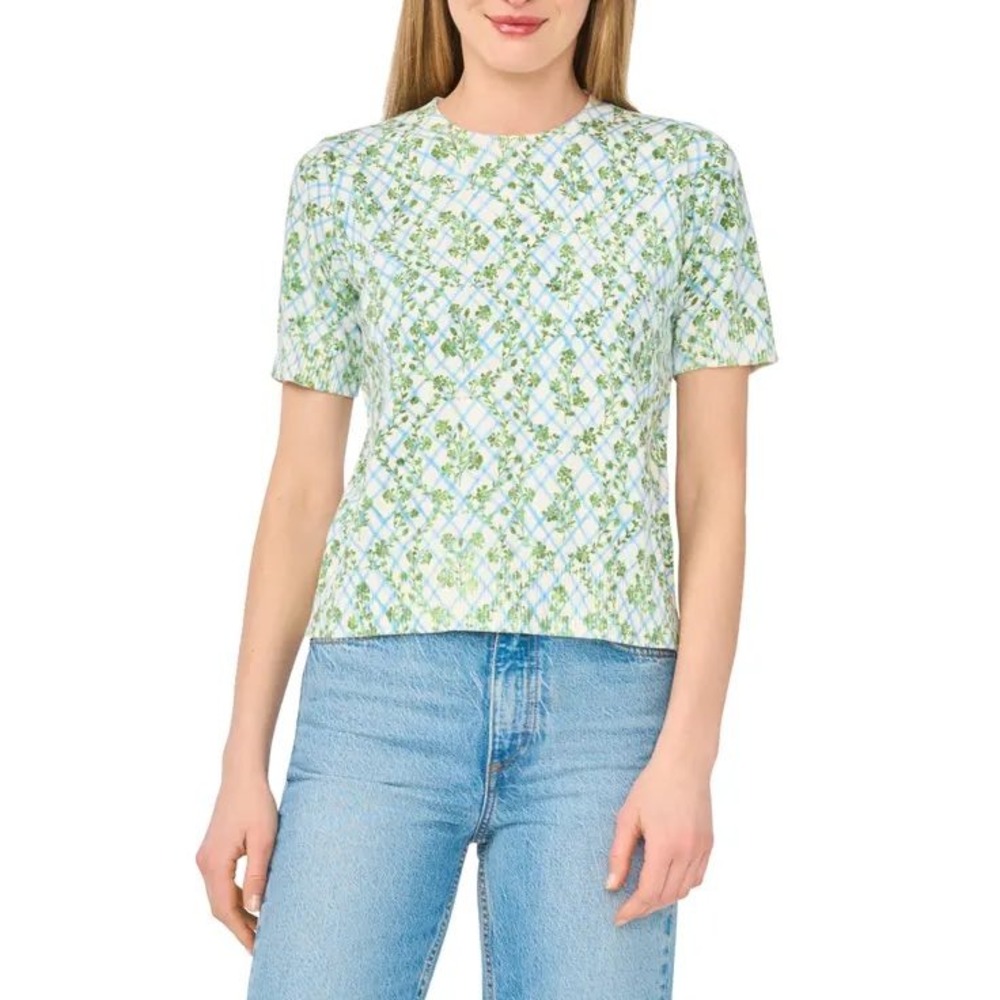 Vince Camuto Womens Green Floral Blue Lattice Short Sleeve Knit Sweater XL NWT